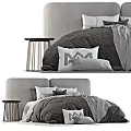 Modern Double Bed With Cozy Gray Bedding Pillows And Side Nightstand 3d model