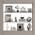 Modern Ornamental Decor Collection With Photo Frames Vases Sculptures Books On Glass Shelves