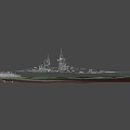 Large Military Battleship Sailing on Blue Ocean with Turrets and Waves