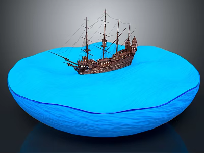 Antique Brown Sailing Ship Model On Blue Water Base With Multiple Masts And Detailed Design 3d model