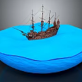Antique Brown Sailing Ship Model On Blue Water Base With Multiple Masts And Detailed Design