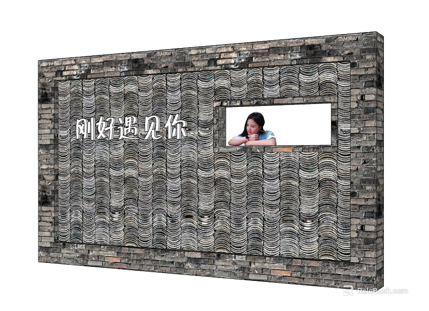 Rustic Building Exterior Wall With Brick Construction Featuring Chinese Characters And Embedded Portrait 3d model