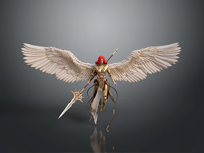 Winged Mythical Character with Red Hair Golden Armor and Swords 3d model