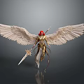 Winged Mythical Character with Red Hair Golden Armor and Swords