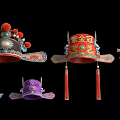 Traditional Chinese Hat Shaped Pendant With Red Purple Black Tassels Beads And Embroidery