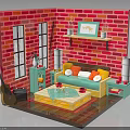 Kids Playroom Setup with Red Brick Wall Green Cabinet Orange Sofa Coffee Table and Guitar