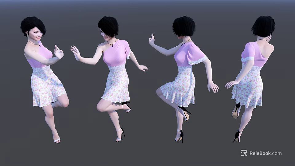 Woman In Pink One Shoulder Top And White Floral Skirt Posing In High Heels 3d model 