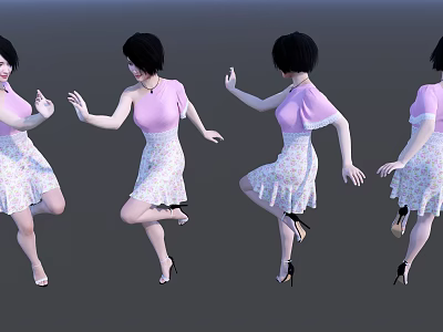 Woman In Pink One Shoulder Top And White Floral Skirt Posing In High Heels 3d model