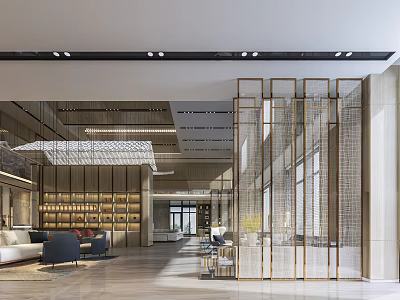 Modern Sales Office Lobby Interior With Metal Frame Partition Bookshelf And Large Windows 3d model