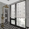 Modern Casement Window with Window Blinds in Bathroom Featuring Golden Fixture and Outdoor View