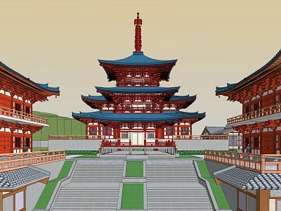 Traditional Ancient Chinese Pagoda Architecture With Blue Roof Red Pillars And Courtyard Steps 3d model