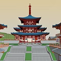Traditional Ancient Chinese Pagoda Architecture With Blue Roof Red Pillars And Courtyard Steps