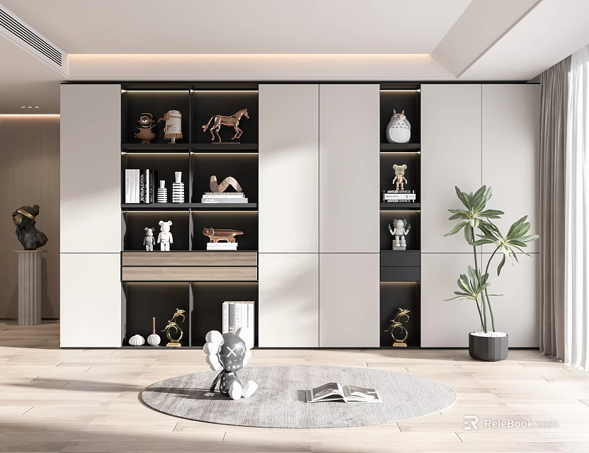 Modern Bookcase Interior Design With Decorative Items Books And Potted Plant 3d model 