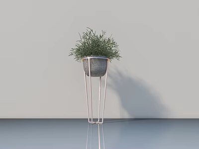 Stylish Bonsai Potted Plant on Metal Stand with Slim Legs Against Light Wall 3d model