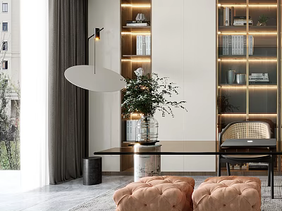Modern Study Room Interior With Large Desk Green Plant And Lit Bookshelves 3d model