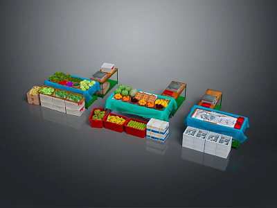 Fresh Colorful Vegetables And Fruits Display On Multiple Market Stalls 3d model