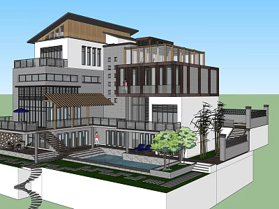 Modern Detached Villa With Swimming Pool Terrace And Large Glass Windows 3d model