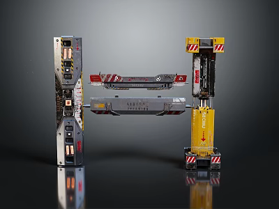 Industrial Mechanical Lifting Structure With Yellow Red Components Metal Frame And Warning Stripes 3d model