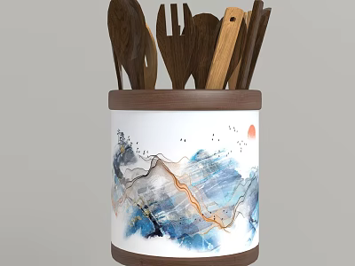 Kitchen Utensil Set With Wooden Tools In Ceramic Holder Featuring Landscape Design 3d model