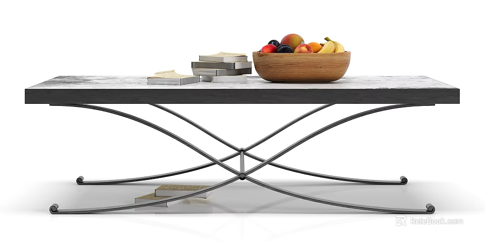 Modern Marble Coffee Table with Curved Metal Legs Wooden Bowl of Fruits and Stacked Books 3d model 