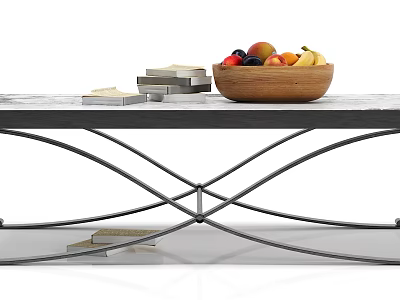 Modern Marble Coffee Table with Curved Metal Legs Wooden Bowl of Fruits and Stacked Books 3d model