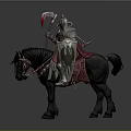 Medieval Knight On Horseback With Full Body Armor Red Axe And Decorative Shield