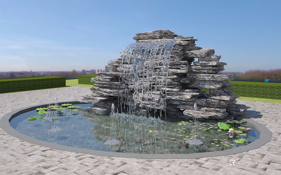 Outdoor Garden Rock Waterfall Feature With Pond Water Lilies And Green Hedges 3d model 