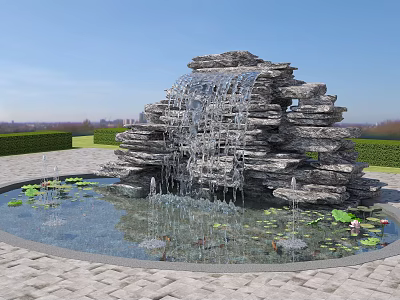 Outdoor Garden Rock Waterfall Feature With Pond Water Lilies And Green Hedges 3d model