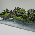 Floating Island Garden Landscape with Trees Pavilions Rock Formations and Waterfall Flowing into Water Surface