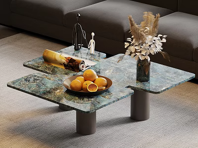 Modern Two Tier Coffee Table With Blue Green Marble Top And Oranges In Bowl 3d model