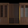 Dark Brown And Light Colored TV Cabinet With Glass Doors Open Shelves And Gold Accents