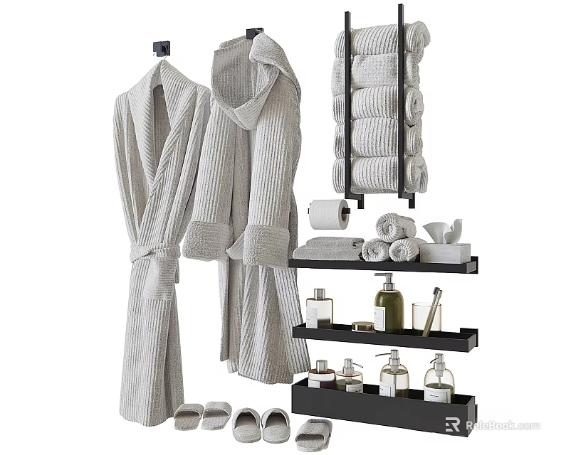 Modern Bathroom Accessories Including Bathrobes Rolled Towels Slippers And Toiletries On Wall Racks 3d model 
