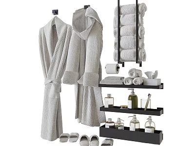Modern Bathroom Accessories Including Bathrobes Rolled Towels Slippers And Toiletries On Wall Racks 3d model