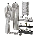 Modern Bathroom Accessories Including Bathrobes Rolled Towels Slippers And Toiletries On Wall Racks