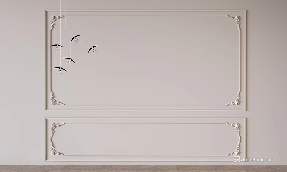Elegant Wall With Plaster Molding And Bird Decorations 3d model