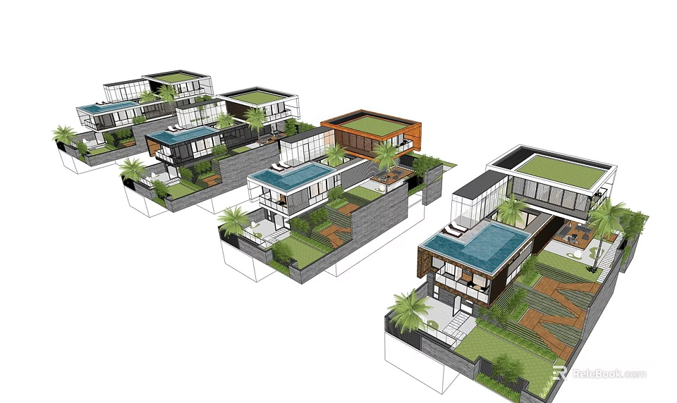 Modern Detached Villa Community With Garden Swimming Pool And Green Landscaping 3d model 