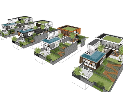 Modern Detached Villa Community With Garden Swimming Pool And Green Landscaping 3d model