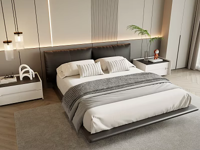 Modern Double Bed With Minimalist Design Nightstands Table Lamps And Green Plant 3d model