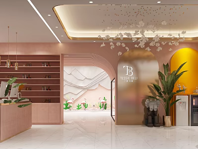 Modern Beauty Hair Salon Interior With Pink Reception Counter And Green Plants 3d model
