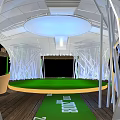 Modern Exhibition Booth With Curved Wooden Top And White Transparent Structure Surrounded By Palm Trees