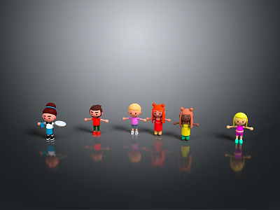 Cartoon Characters With Colorful Outfits Standing In Different Poses On Gray Background 3d model