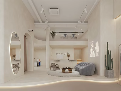 Modern Clothing Store Interior With Round Sofa Cactus Plant Mirror Decor And Soft Beige Tones 3d model