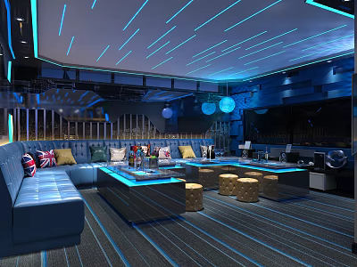 Modern KTV Interior Design With Blue Lighting Comfortable Sofas And Decorative Tables 3d model