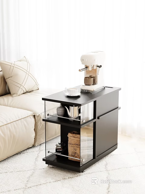 Black Side Table With Glass Shelves Coffee Machine Cup And Sofa Pillow 3d model 