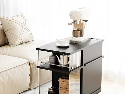 Black Side Table With Glass Shelves Coffee Machine Cup And Sofa Pillow 3d model