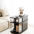 Black Side Table With Glass Shelves Coffee Machine Cup And Sofa Pillow 3d model