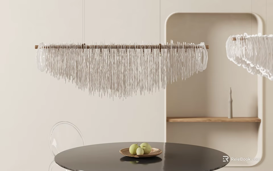 Modern Hanging Chandelier with Long White Pendants Above Black Round Dining Table 3d model 