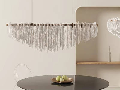 Modern Hanging Chandelier with Long White Pendants Above Black Round Dining Table 3d model