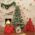 Christmas Themed Art Installation With Fireplace Burning Fire Christmas Tree And Gift Boxes