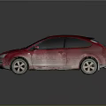 Red Sedan Car With Dusty Exterior Parked On Shiny Reflective Surface